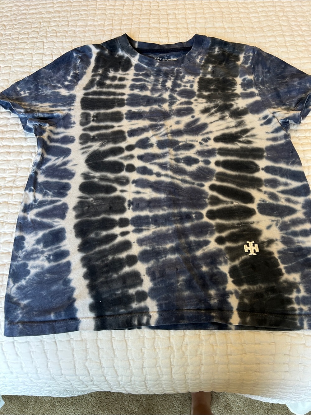 Tory Sport Blue and White Tie-Dye Crewneck Tee